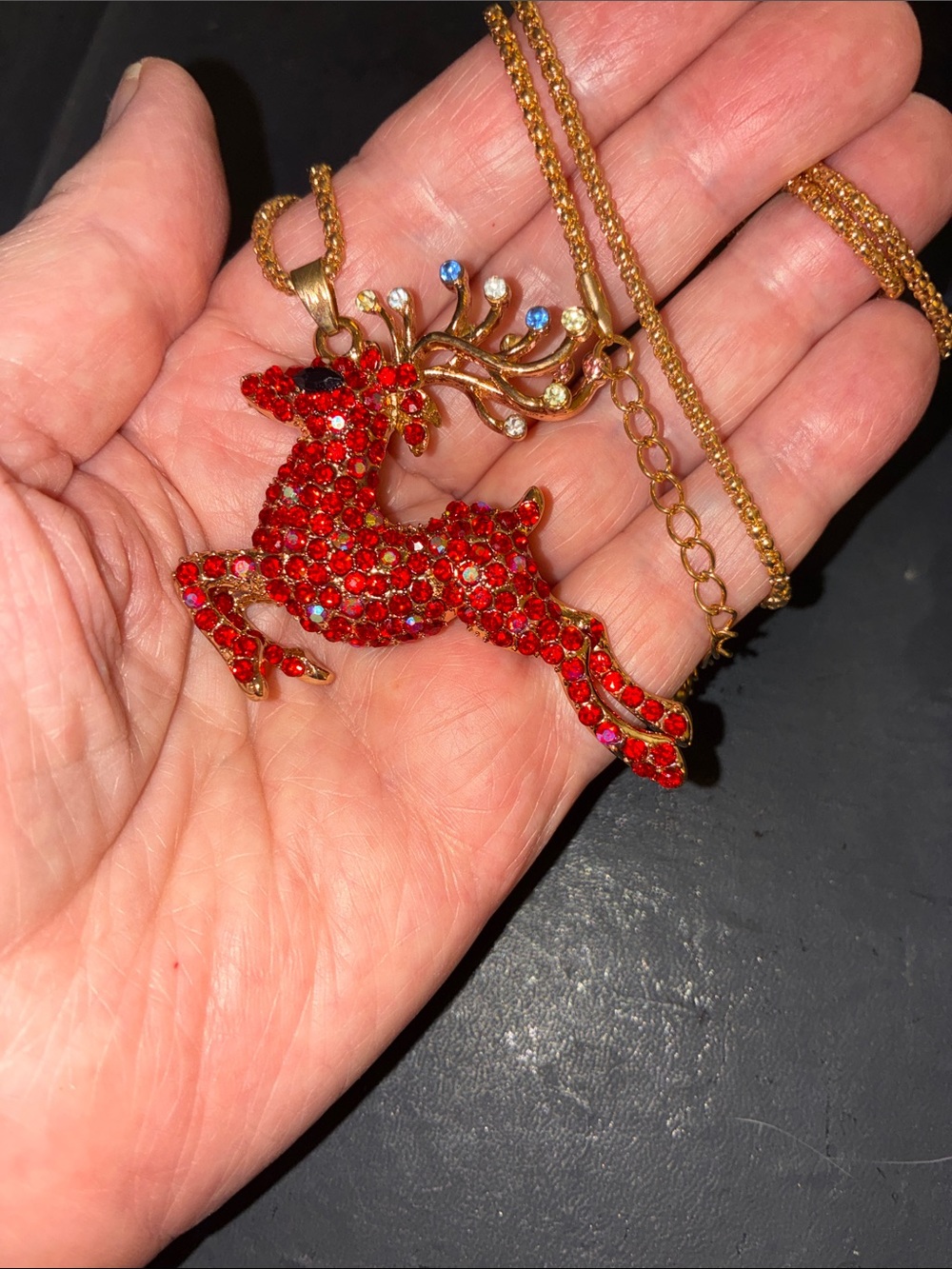 Red Crystal Reindeer Pendant Necklace - Gold Tone